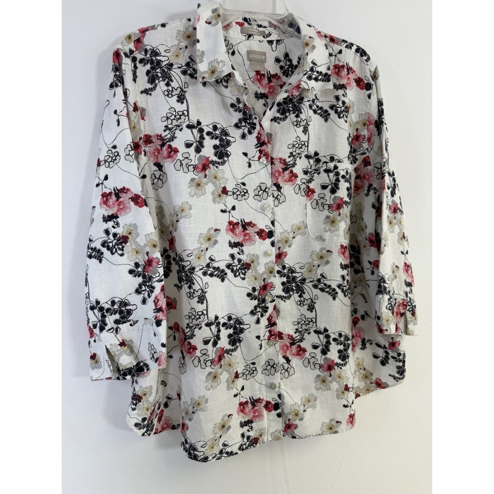 Chico's 100% Linen Button Down Shirt Top Blouse Floral Sz 20 Career Casual NWOT